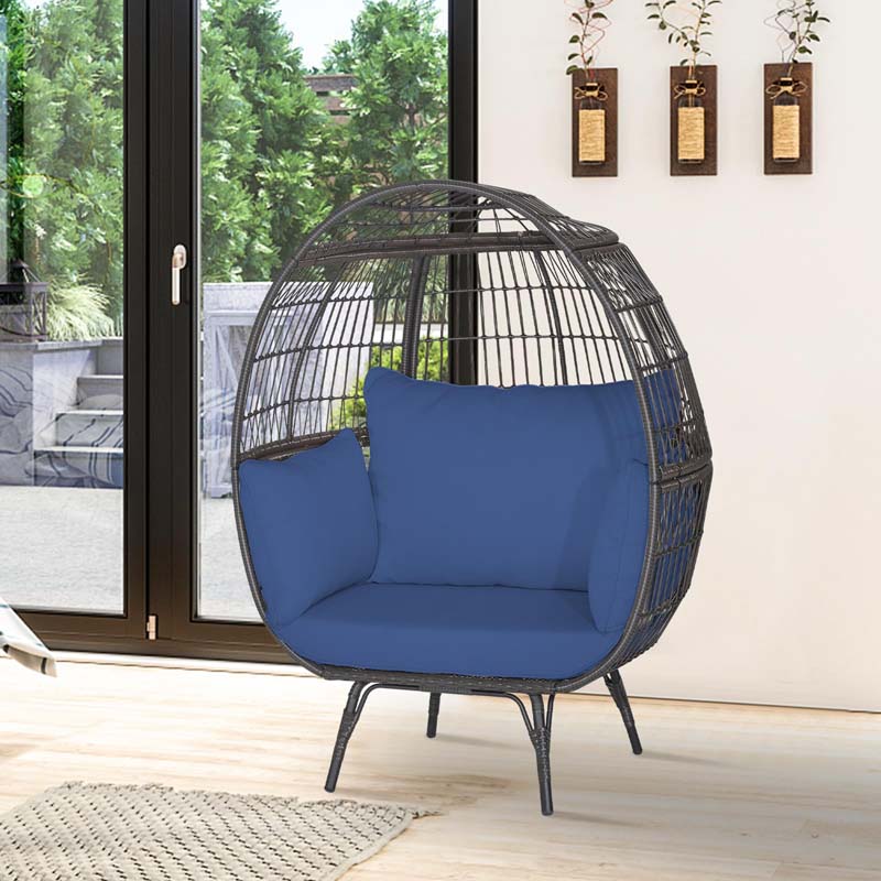 Oversized Wicker Egg Chair with 4 Cushions, Steel Frame Basket Chair Rattan Indoor Outdoor Lounger for Patio, Living Room