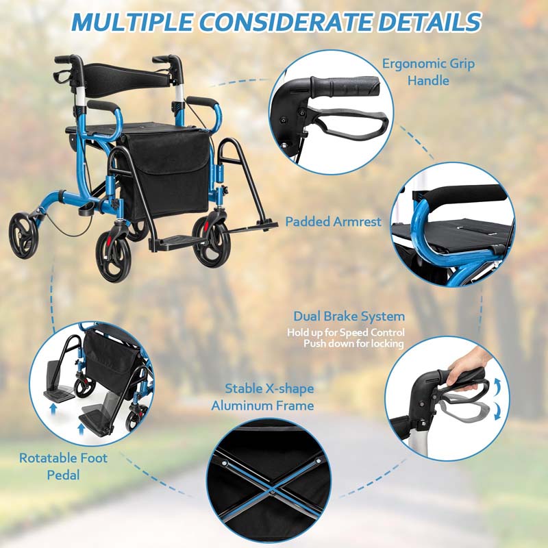 2 in 1 Folding Rollator Walker with Seat, Aluminum Medical Walker Transport Wheelchair with 8" Wheels & Bag, Mobility Walking Aid for Seniors