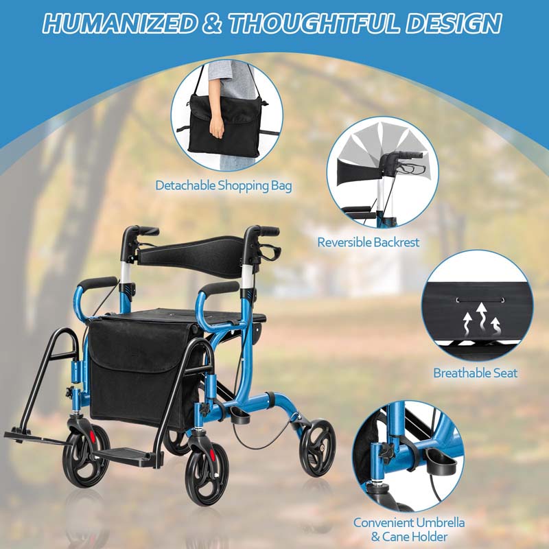 2 in 1 Folding Rollator Walker with Seat, Aluminum Medical Walker Transport Wheelchair with 8" Wheels & Bag, Mobility Walking Aid for Seniors