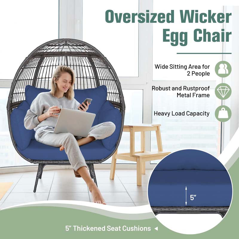 Oversized Wicker Egg Chair with 4 Cushions, Steel Frame Basket Chair Rattan Indoor Outdoor Lounger for Patio, Living Room
