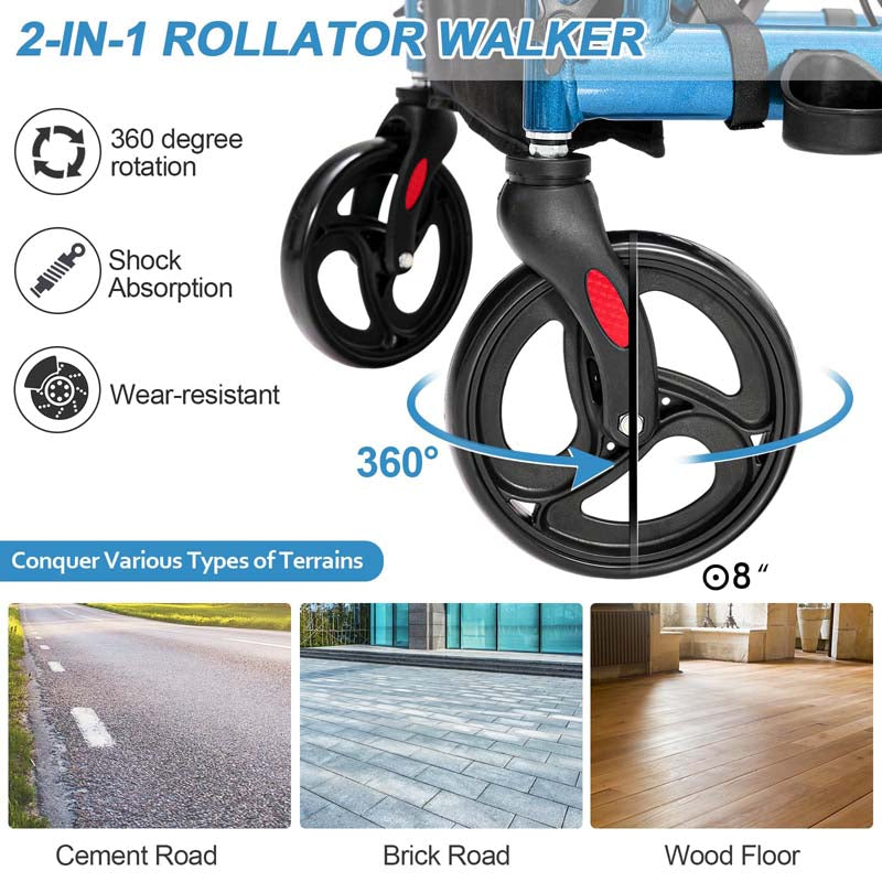 2 in 1 Folding Rollator Walker with Seat, Aluminum Medical Walker Transport Wheelchair with 8" Wheels & Bag, Mobility Walking Aid for Seniors