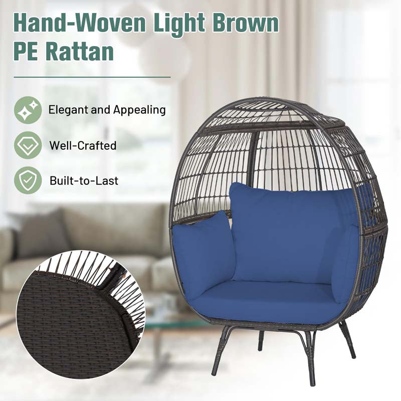 Oversized Wicker Egg Chair with 4 Cushions, Steel Frame Basket Chair Rattan Indoor Outdoor Lounger for Patio, Living Room
