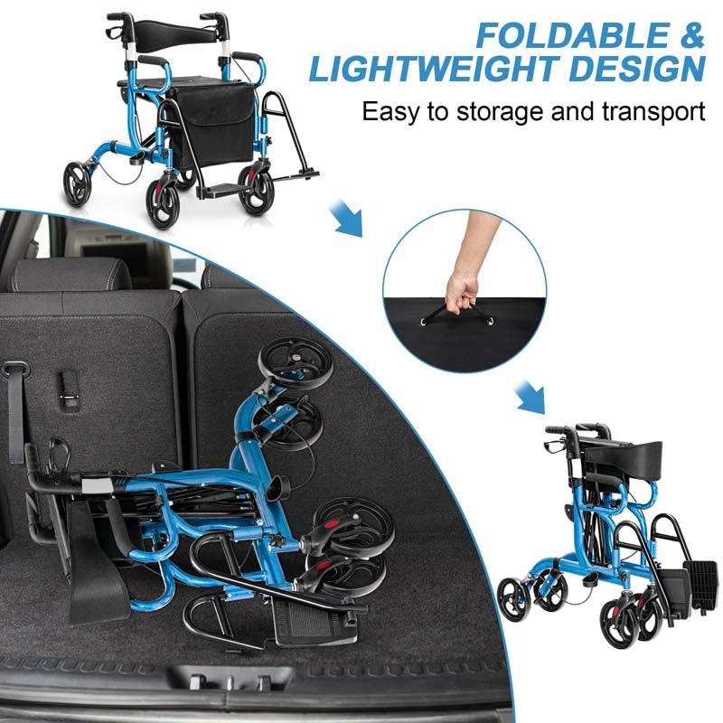 2 in 1 Folding Rollator Walker with Seat, Aluminum Medical Walker Transport Wheelchair with 8" Wheels & Bag, Mobility Walking Aid for Seniors