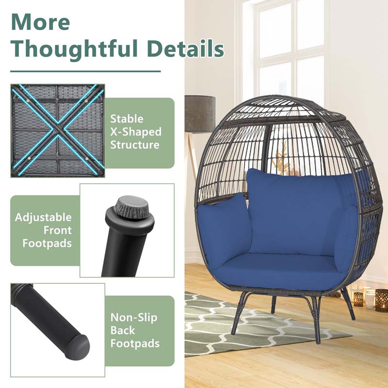 Oversized Wicker Egg Chair with 4 Cushions, Steel Frame Basket Chair Rattan Indoor Outdoor Lounger for Patio, Living Room