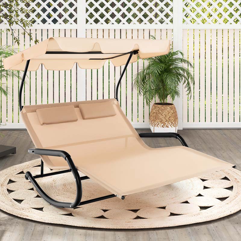 2-Person Patio Hammock Bed Swing Chair Extra Large Outdoor Rocking Chaise Lounge with Adjustable Canopy and Wheels