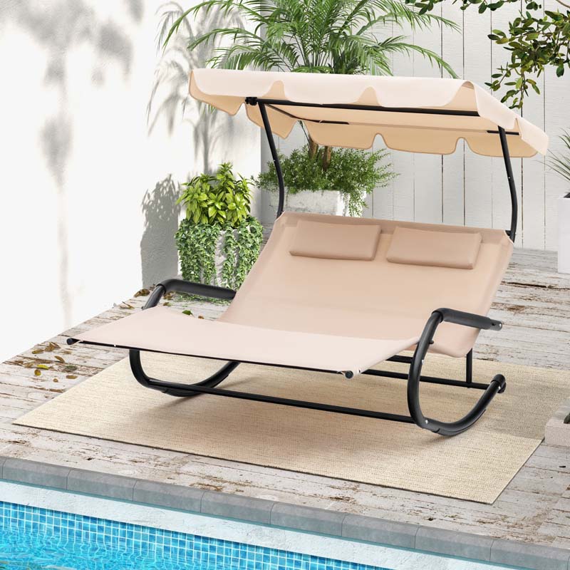2-Person Patio Hammock Bed Swing Chair Extra Large Outdoor Rocking Chaise Lounge with Adjustable Canopy and Wheels