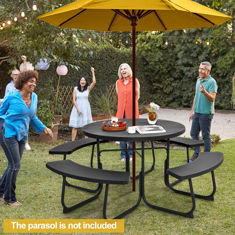 8 Person HDPE Outside Table & Bench Set, Outdoor Round Picnic Table with 4 Built-in Benches, Umbrella Hole, Metal Frame