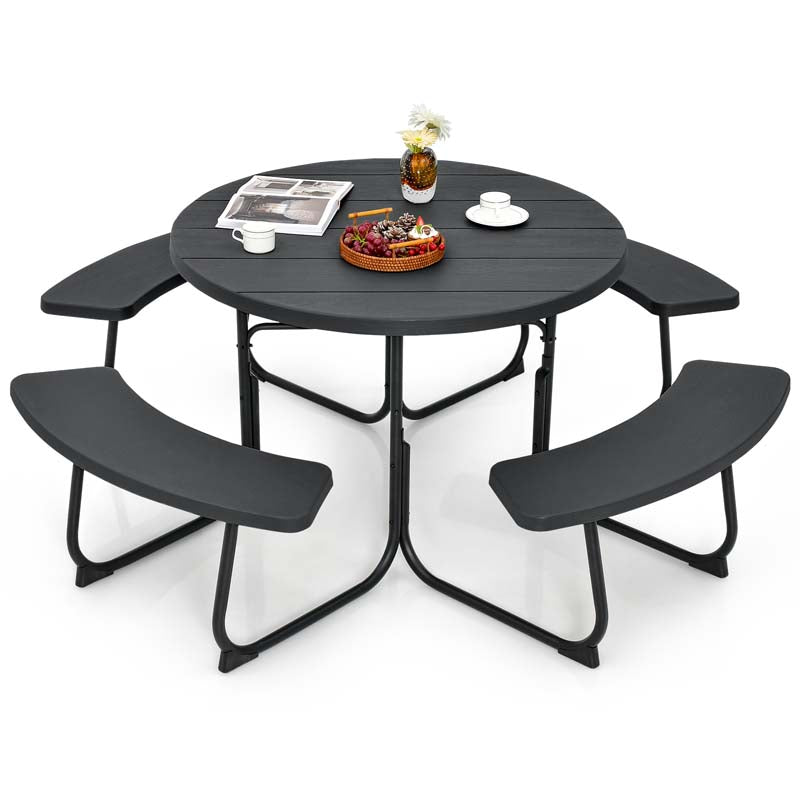 8 Person HDPE Outside Table & Bench Set, Outdoor Round Picnic Table with 4 Built-in Benches, Umbrella Hole, Metal Frame