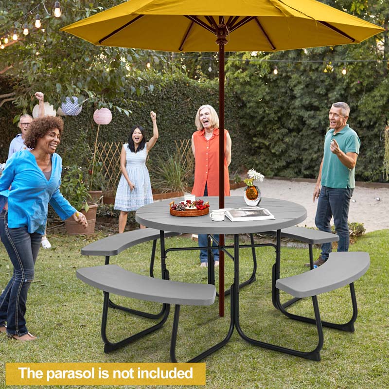 8 Person HDPE Outside Table & Bench Set, Outdoor Round Picnic Table with 4 Built-in Benches, Umbrella Hole, Metal Frame