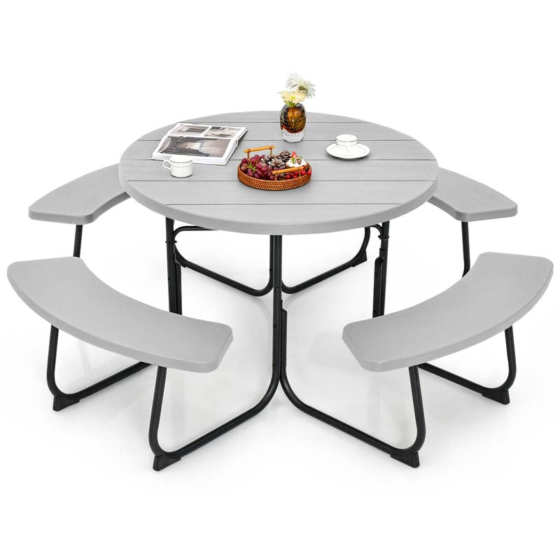 8 Person HDPE Outside Table & Bench Set, Outdoor Round Picnic Table with 4 Built-in Benches, Umbrella Hole, Metal Frame