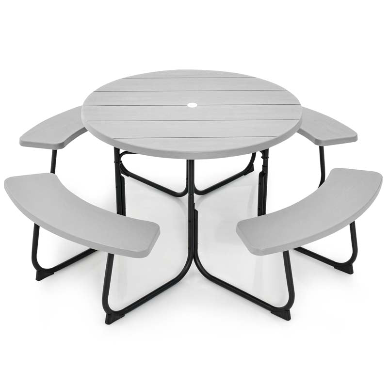 8 Person HDPE Outside Table & Bench Set, Outdoor Round Picnic Table with 4 Built-in Benches, Umbrella Hole, Metal Frame