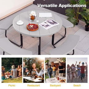8 Person HDPE Outside Table & Bench Set, Outdoor Round Picnic Table with 4 Built-in Benches, Umbrella Hole, Metal Frame