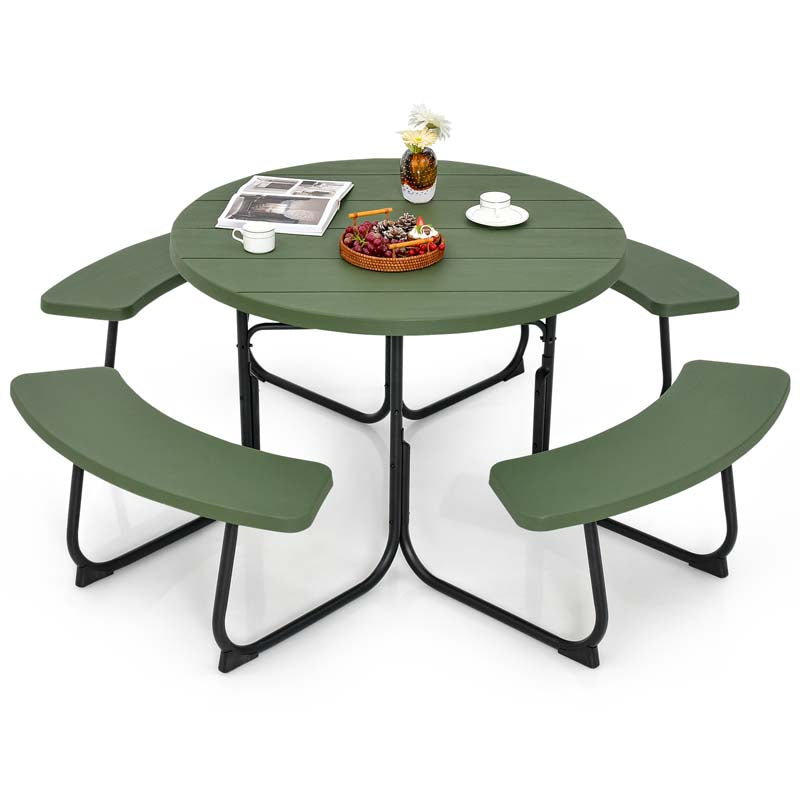 8 Person HDPE Outside Table & Bench Set, Outdoor Round Picnic Table with 4 Built-in Benches, Umbrella Hole, Metal Frame