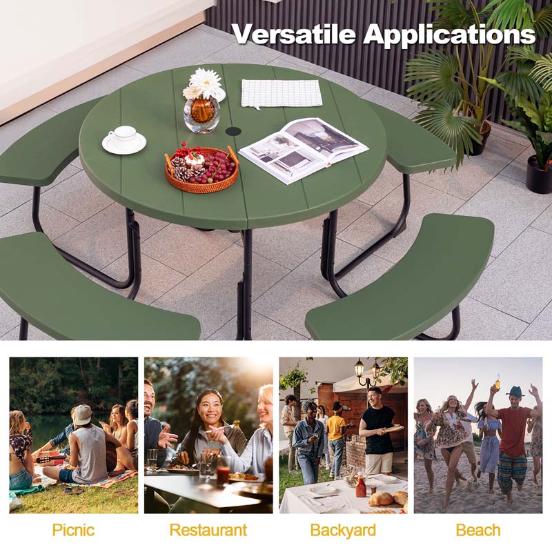 8 Person HDPE Outside Table & Bench Set, Outdoor Round Picnic Table with 4 Built-in Benches, Umbrella Hole, Metal Frame