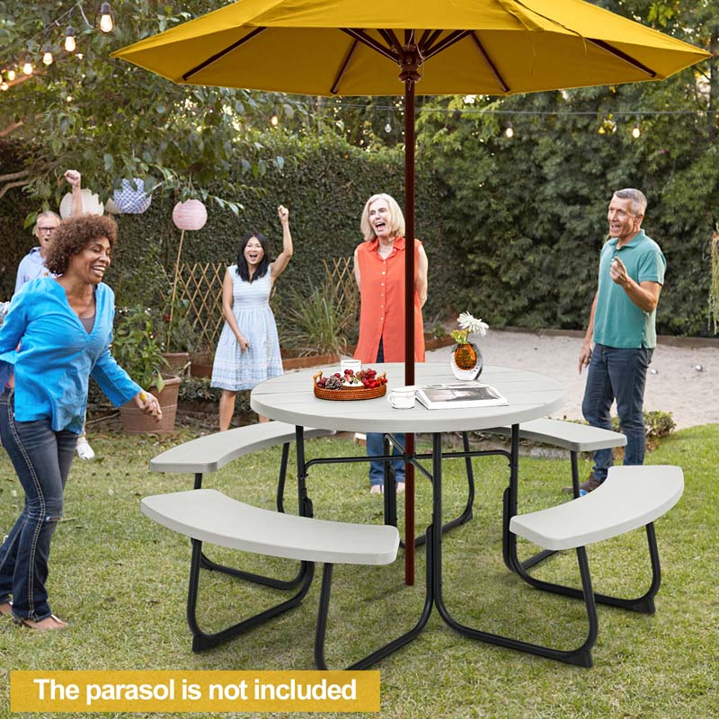 8 Person HDPE Outside Table & Bench Set, Outdoor Round Picnic Table with 4 Built-in Benches, Umbrella Hole, Metal Frame
