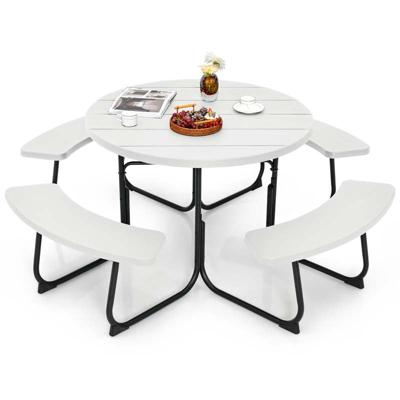 8 Person HDPE Outside Table & Bench Set, Outdoor Round Picnic Table with 4 Built-in Benches, Umbrella Hole, Metal Frame