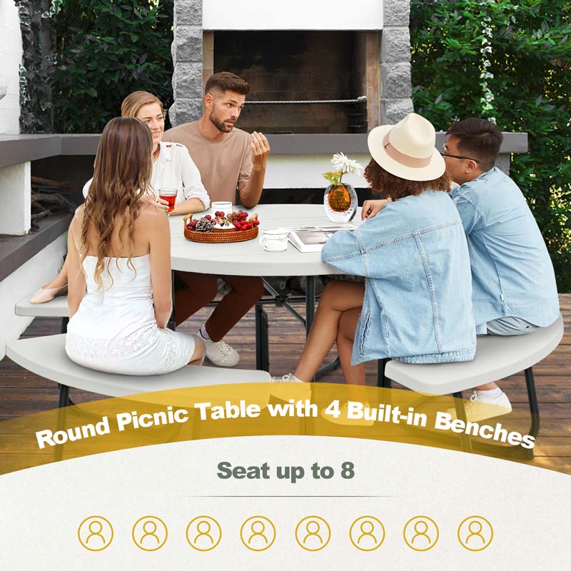 8 Person HDPE Outside Table & Bench Set, Outdoor Round Picnic Table with 4 Built-in Benches, Umbrella Hole, Metal Frame
