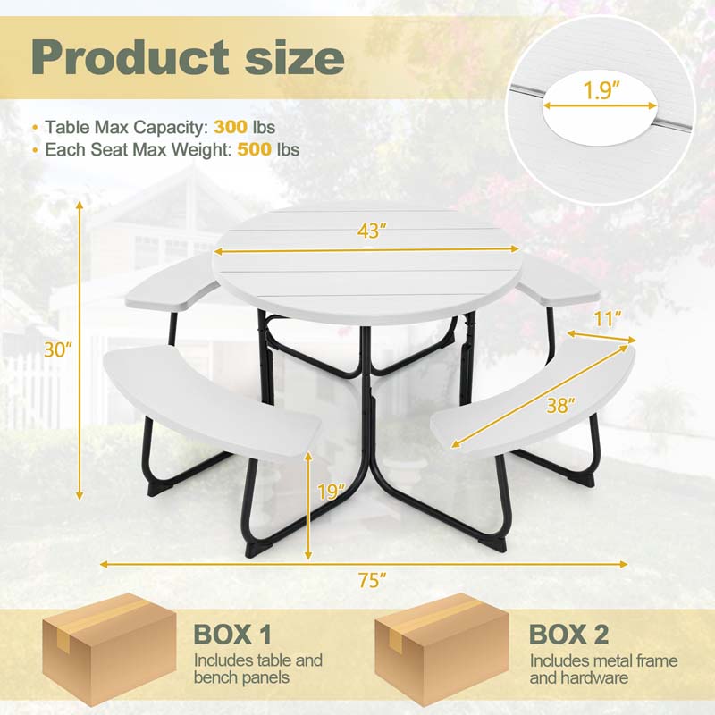 8 Person HDPE Outside Table & Bench Set, Outdoor Round Picnic Table with 4 Built-in Benches, Umbrella Hole, Metal Frame