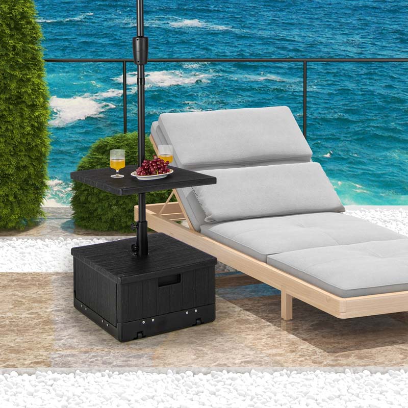 3-in-1 175 LBS Outdoor Refillable Umbrella Base with Table Tray & Wheels, Wood-Like Outdoor Side Table with Umbrella Stand