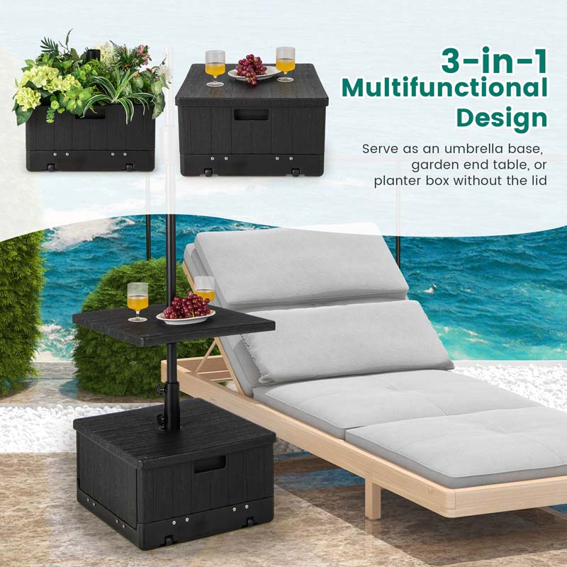 3-in-1 175LBS Outdoor Fillable Umbrella Base with Adjustable Table Tray & Weighted Bag, Wheeled Umbrella Stand for Patio Garden Poolside