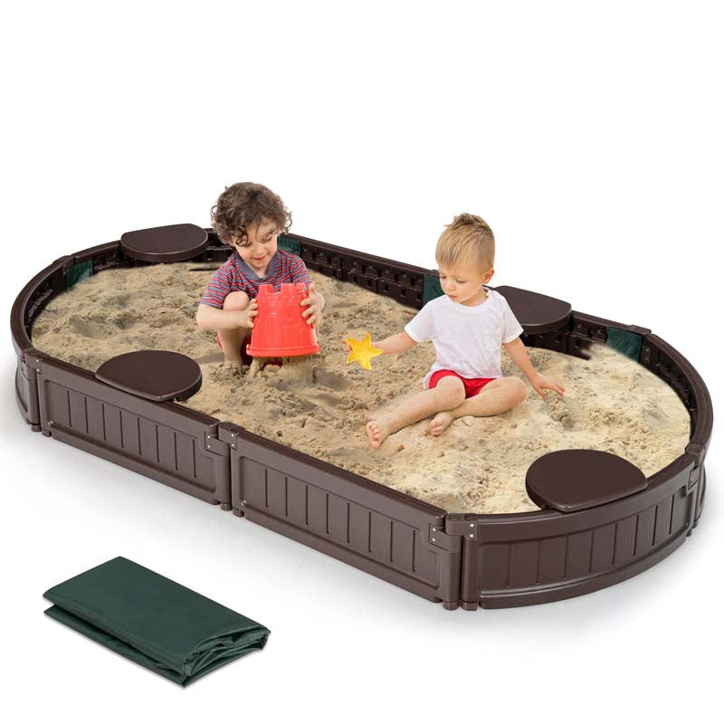 6FT Oval Outdoor Sandbox with Cover, Built-in Corner Seat & Bottom Liner, All Weather Kids Sand Play Station for Backyard Beach