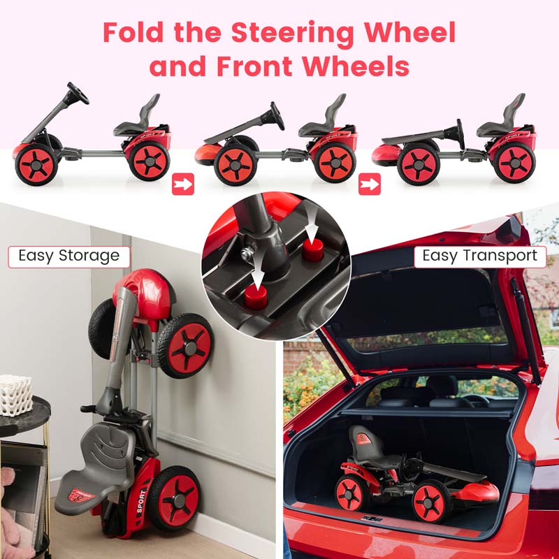 4-Wheel Folding Pedal Go Kart for Kids with 2-Position Adjustable Steering Wheel & Seat, 12V Battery Powered Ride On Pedal Car Toy