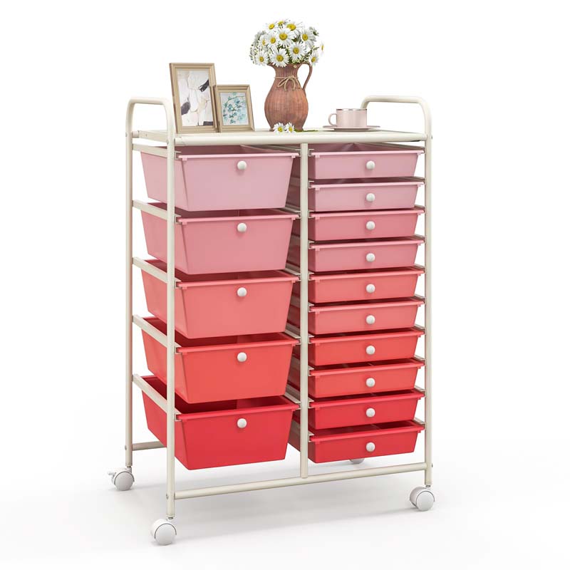 15-Drawer Storage Drawer Cart Tools Scrapbook Paper Organizer Cart Office School Utility Cart Rolling Storage Cart with Wheels