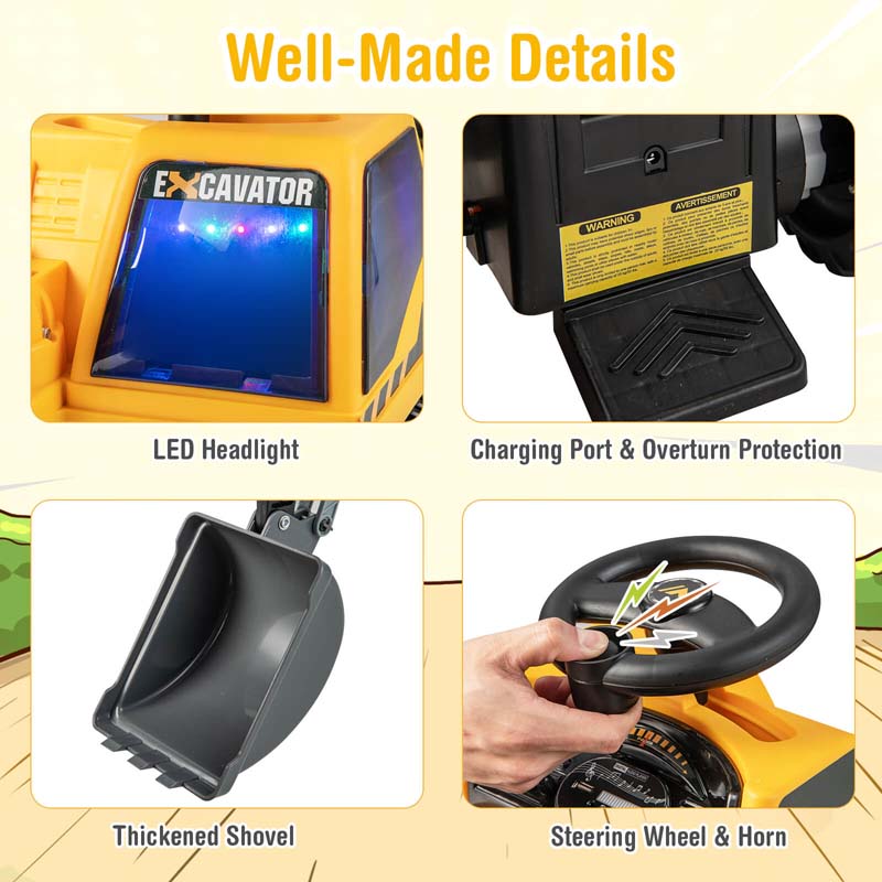 6V Battery Powered Kids Ride On Excavator Bulldozer Loader Toy Car with Front Digger Shovel, Electric Construction Vehicle for Kids