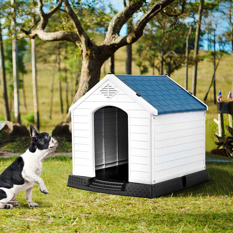 Waterproof Plastic Dog House with Elevated Floor & Air Vents for Small & Medium Dogs, Indoor Outdoor Dog Kennel Cat House Feeding Station