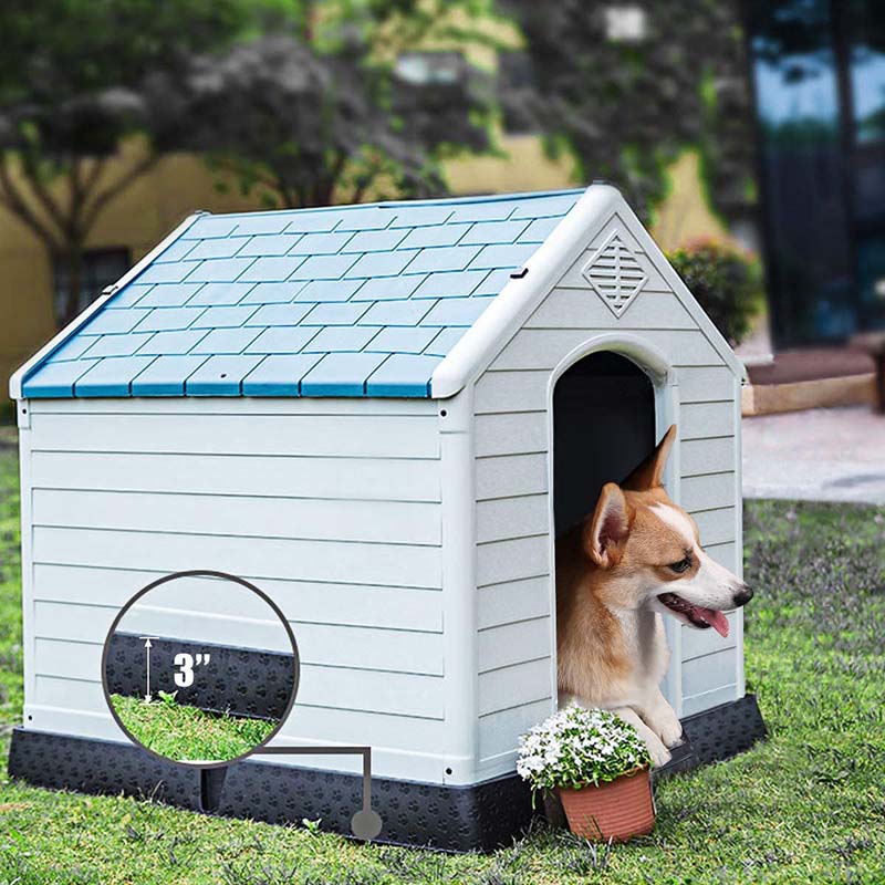 Waterproof Plastic Dog House with Elevated Floor & Air Vents for Small & Medium Dogs, Indoor Outdoor Dog Kennel Cat House Feeding Station