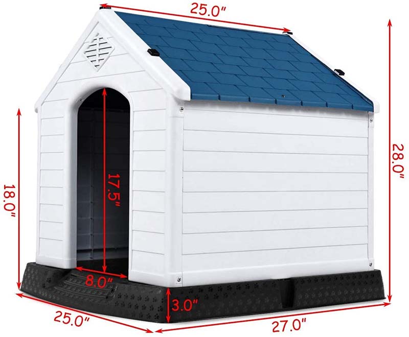 Waterproof Plastic Dog House with Elevated Floor & Air Vents for Small & Medium Dogs, Indoor Outdoor Dog Kennel Cat House Feeding Station