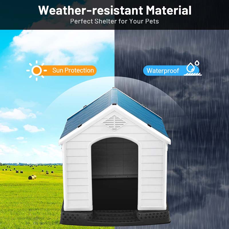 Waterproof Plastic Dog House with Elevated Floor & Air Vents for Small & Medium Dogs, Indoor Outdoor Dog Kennel Cat House Feeding Station