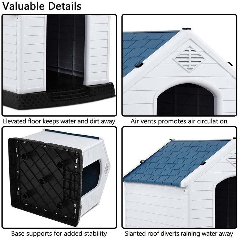 Waterproof Plastic Dog House with Elevated Floor & Air Vents for Small & Medium Dogs, Indoor Outdoor Dog Kennel Cat House Feeding Station
