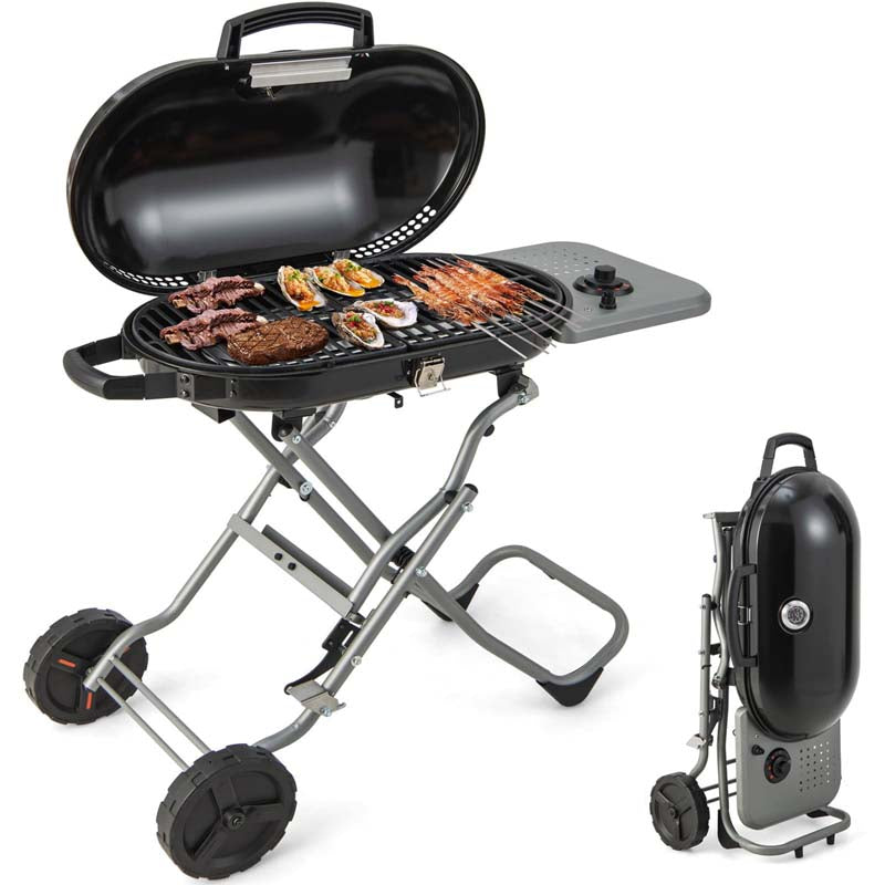 15,000 BTU Folding Stand-Up Gas Grill for Outdoor Cooking Camping, Portable Propane BBQ Grill with Side Table, 2 Wheels, Grease Tray