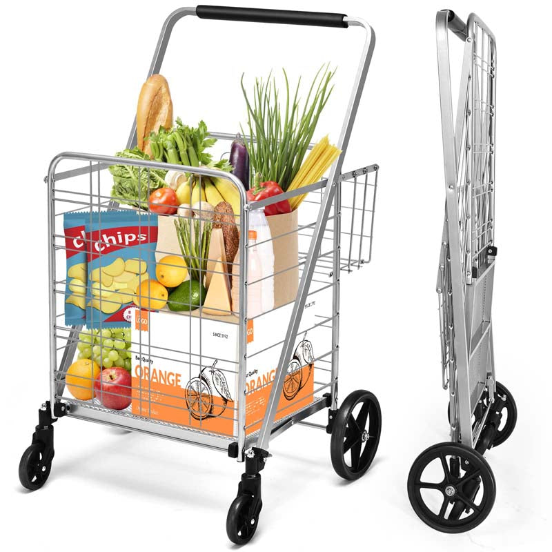 330 LBS Capacity Foldable Jumbo Shopping Cart w/360 Rolling Swivel Wheels, Double Basket, Heavy Duty Folding Utility Cart for Grocery Laundry Luggage