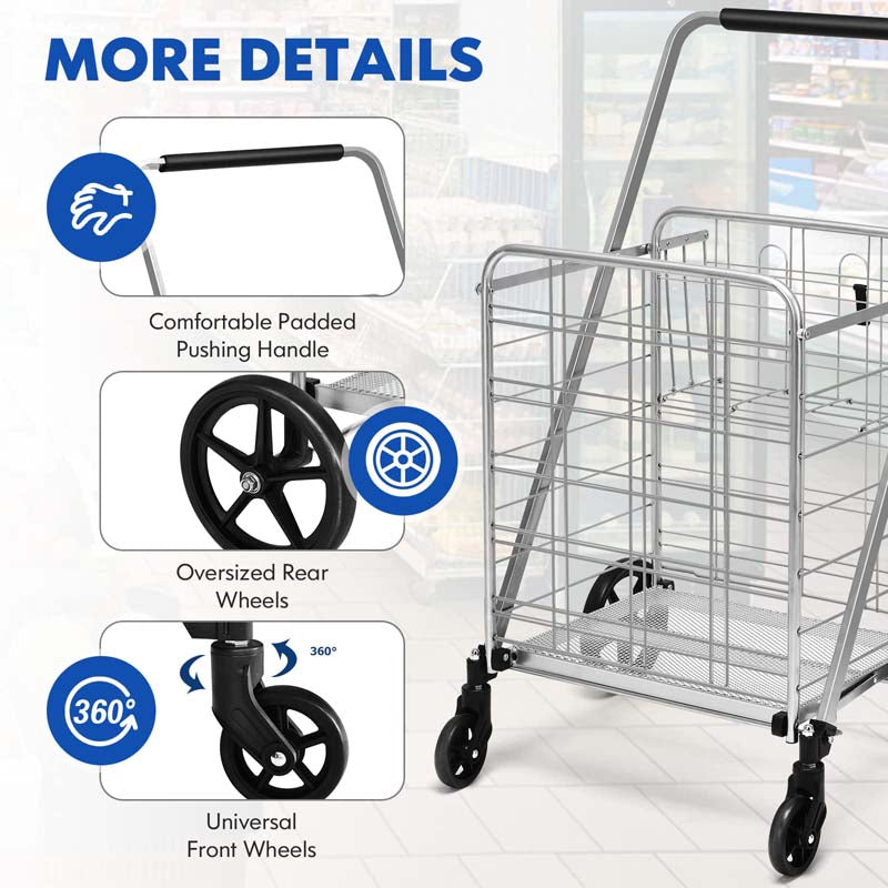 330 LBS Capacity Foldable Jumbo Shopping Cart w/360 Rolling Swivel Wheels, Double Basket, Heavy Duty Folding Utility Cart for Grocery Laundry Luggage