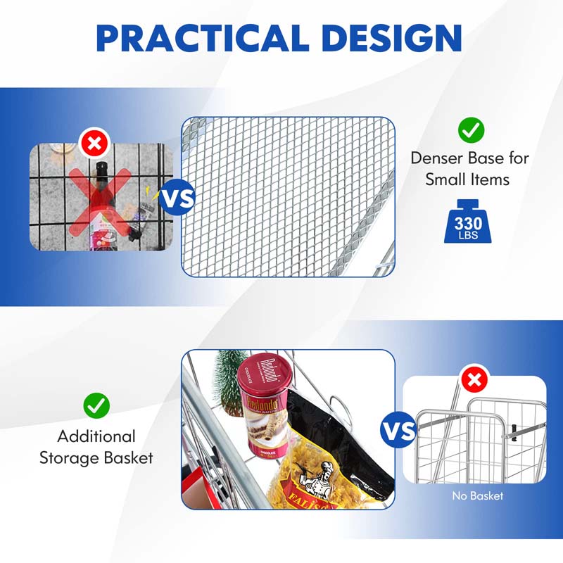 330 LBS Capacity Foldable Jumbo Shopping Cart w/360 Rolling Swivel Wheels, Double Basket, Heavy Duty Folding Utility Cart for Grocery Laundry Luggage