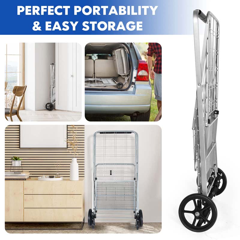 330 LBS Capacity Foldable Jumbo Shopping Cart w/360 Rolling Swivel Wheels, Double Basket, Heavy Duty Folding Utility Cart for Grocery Laundry Luggage