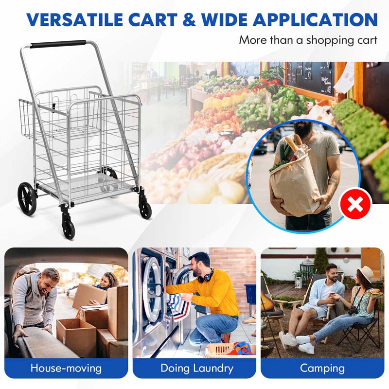 330 LBS Capacity Foldable Jumbo Shopping Cart w/360 Rolling Swivel Wheels, Double Basket, Heavy Duty Folding Utility Cart for Grocery Laundry Luggage