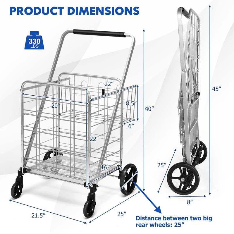 330 LBS Capacity Foldable Jumbo Shopping Cart w/360 Rolling Swivel Wheels, Double Basket, Heavy Duty Folding Utility Cart for Grocery Laundry Luggage