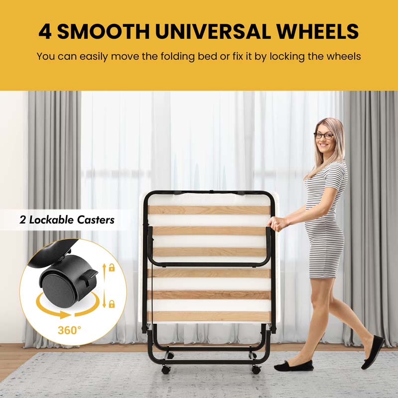 78.5" x 31" Folding Bed with 4" Memory Foam Mattress & Lockable Wheels, Portable Cot Size Rollaway Guest Bed for Adult