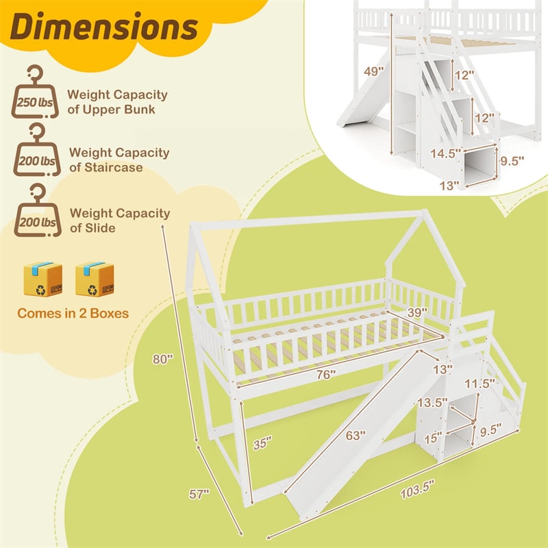 Twin Over Twin Bunk Bed House Design with Slide, Staircases & Storage Compartments, No Box Spring Needed, Wood Twin Floor Bed for Kids Teens