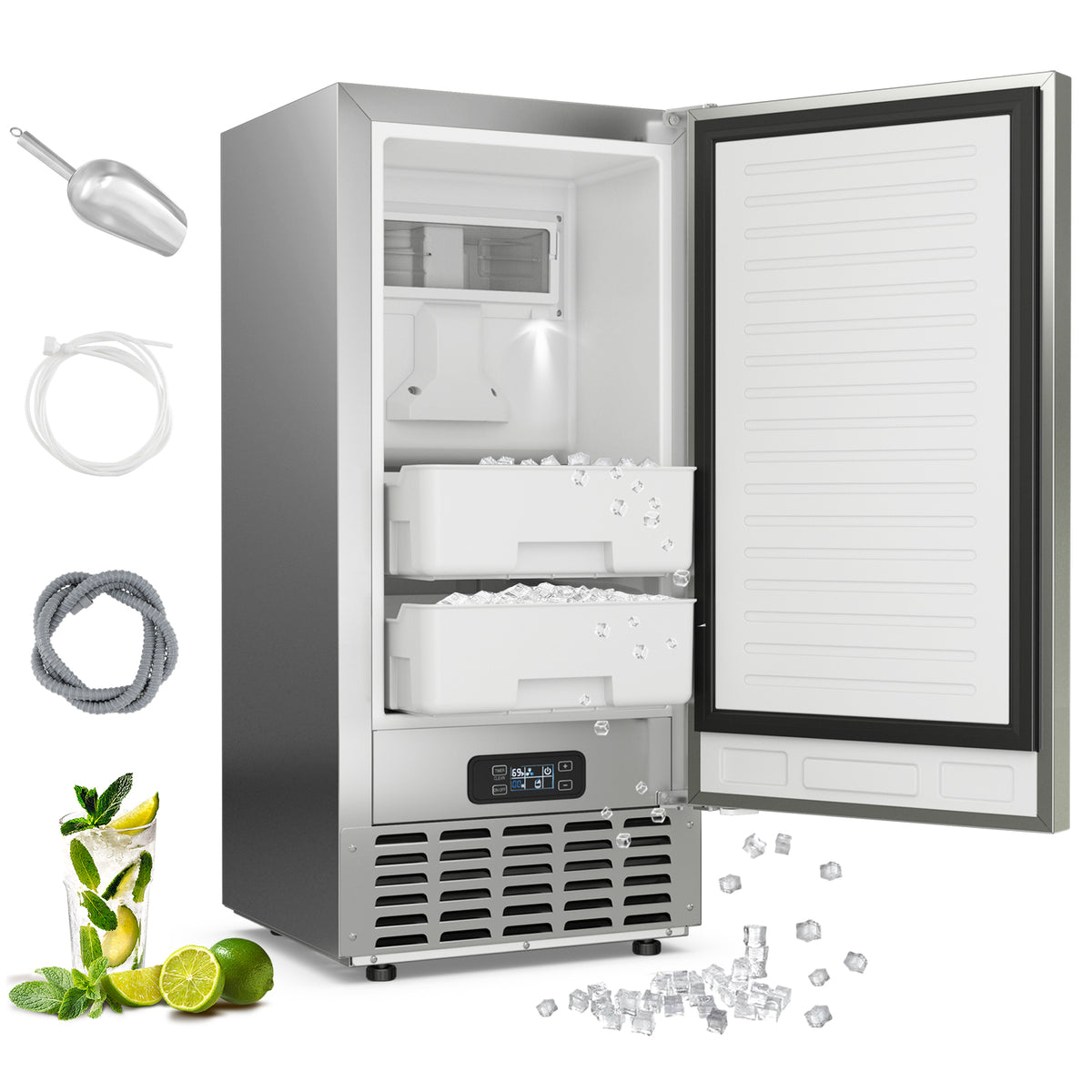 80 lbs/24H Under Counter Ice Maker, 15 Inch Built-in Freestanding Commercial Nugget Ice Machine with Self-Cleaning, 24H Timer & LCD Panel