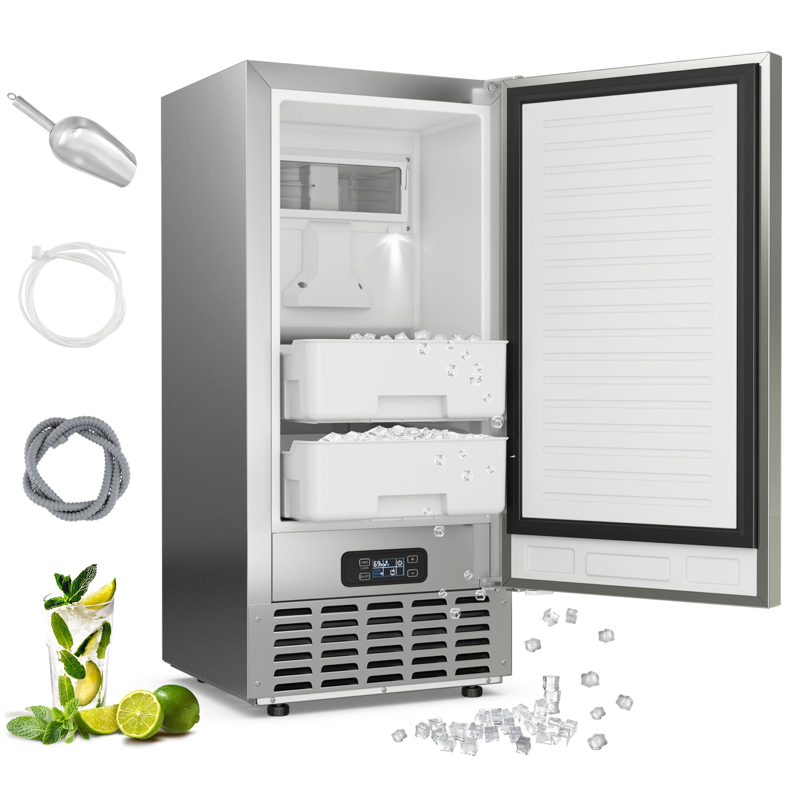 80 lbs/24H Under Counter Ice Maker, 15 Inch Built-in Freestanding Commercial Nugget Ice Machine with Self-Cleaning, 24H Timer & LCD Panel