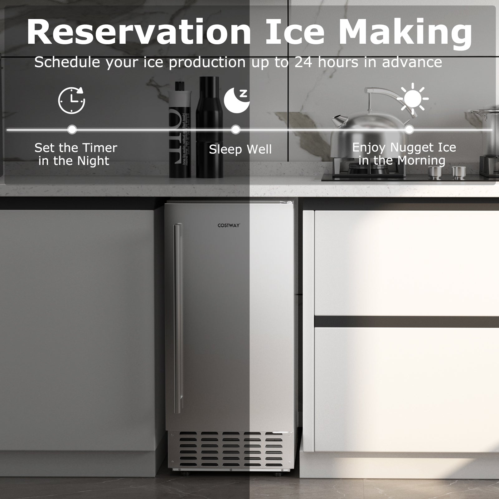80 lbs/24H Under Counter Ice Maker, 15 Inch Built-in Freestanding Commercial Nugget Ice Machine with Self-Cleaning, 24H Timer & LCD Panel