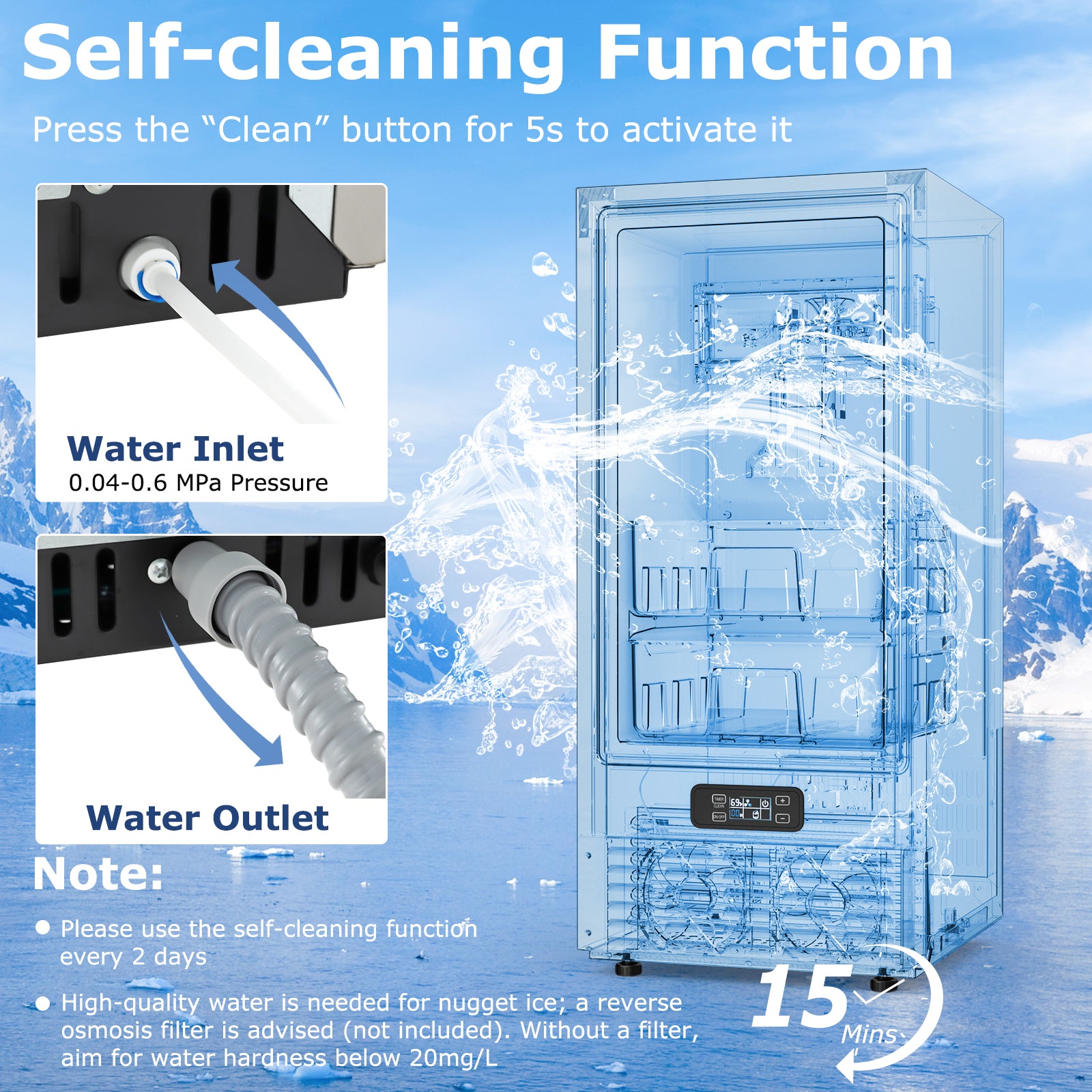 80 lbs/24H Under Counter Ice Maker, 15 Inch Built-in Freestanding Commercial Nugget Ice Machine with Self-Cleaning, 24H Timer & LCD Panel