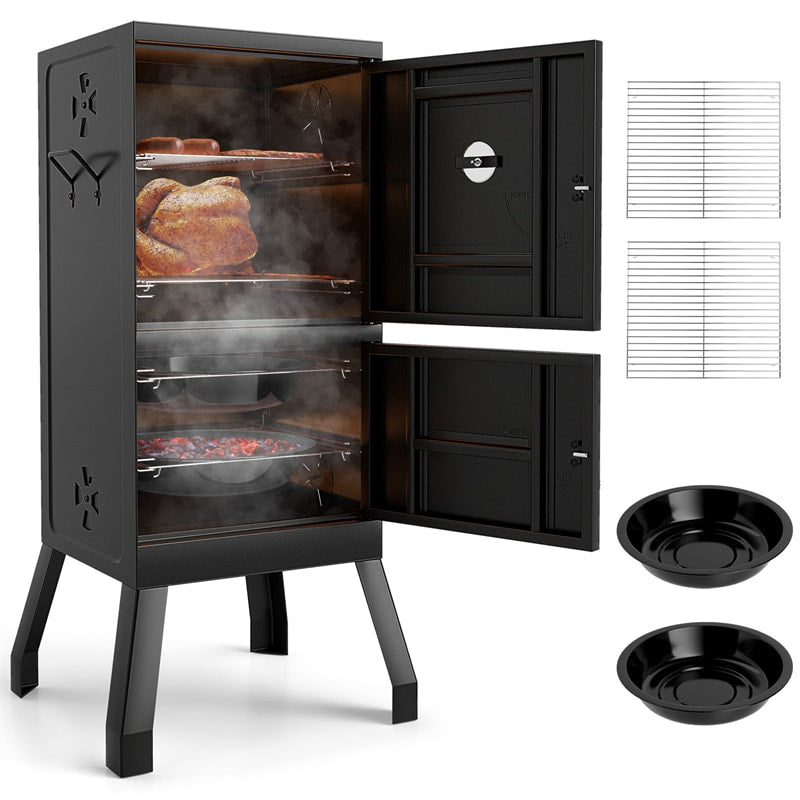 Vertical Charcoal Smoker with Double Doors, Thermometer, Adjustable Air Vents & Water/Charcoal Pans, Outdoor BBQ Smoker for Camping Backyard Grill