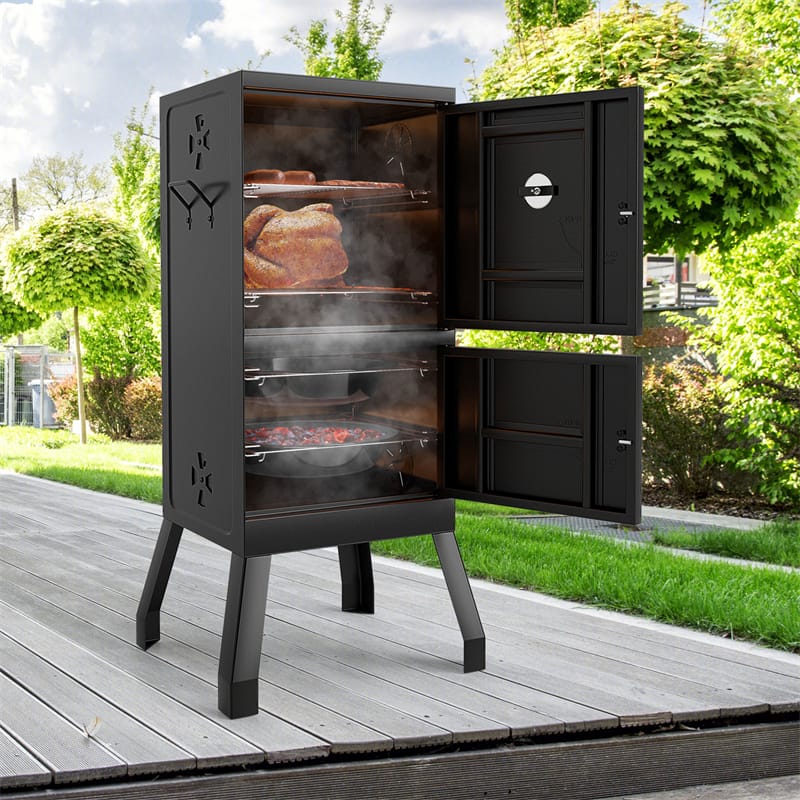 Vertical Charcoal Smoker with Double Doors, Thermometer, Adjustable Air Vents & Water/Charcoal Pans, Outdoor BBQ Smoker for Camping Backyard Grill