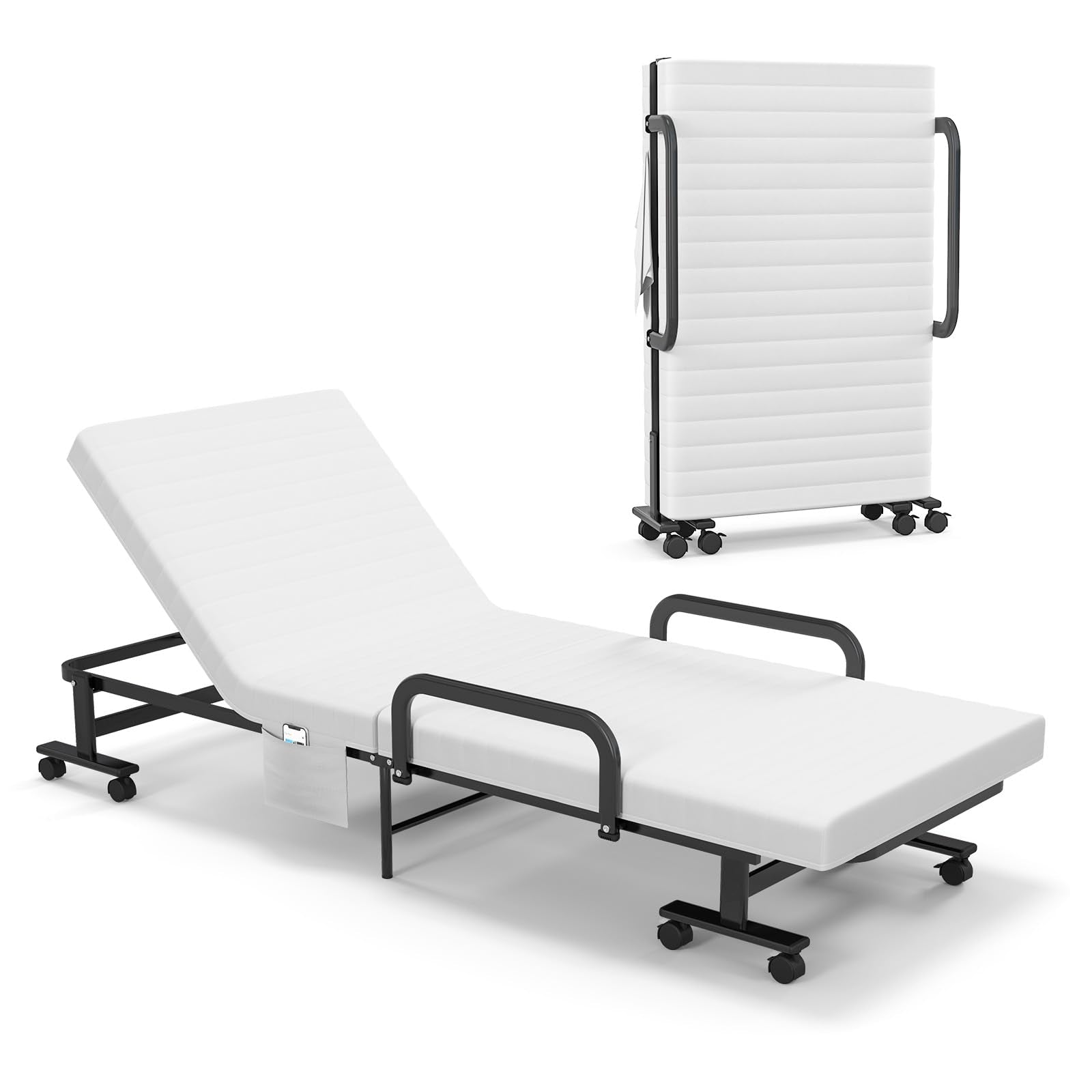 Folding Rollaway Bed with Mattress & Wheels for Adults, Portable Foldable Guest Bed with Adjustable 6 Position & Side Storage Pocket