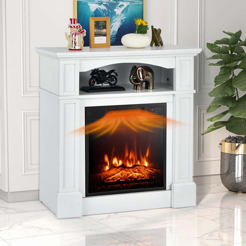 32" Freestanding Electric Fireplace Mantel, 1400W Fireplace Heater with Remote Control, Thermostat & 6H Timer, 3 Flame Brightness